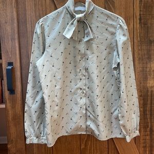 Sage green vintage blouse with palm tree and pheasant print